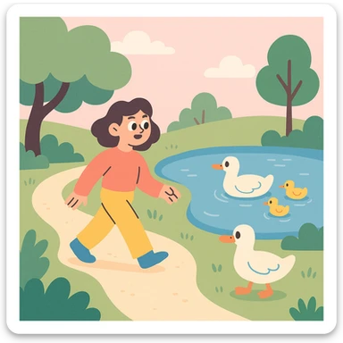 park scene with pond and ducks, walking path, soft pastel tones, illustration style sticker