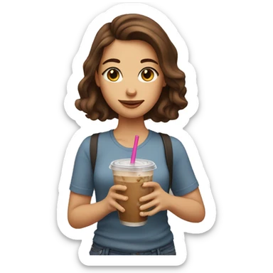 A girl with brown hair drinks iced coffee  sticker