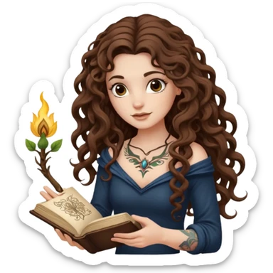 woman with long curly brown hair, brown eyes, white skin, tattoos, reading a spellbook that grows roots instead of pages sticker