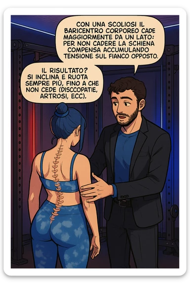 fai questa immagine in versione manga/webtoon a colori, il manga mostra la donna di spalle, mentre l'uomo le tocca la spina dorsale per spiegarle come funziona la scoliosi:
Con una scoliosi il baricentro corporeo cade maggiormente da un lato; per non cadere la schiena compensa accumulando tensione sul fianco opposto.
Il risultato? Si inclina e ruota sempre più, fino a che non cede (discopatie, artrosi, ecc) sticker