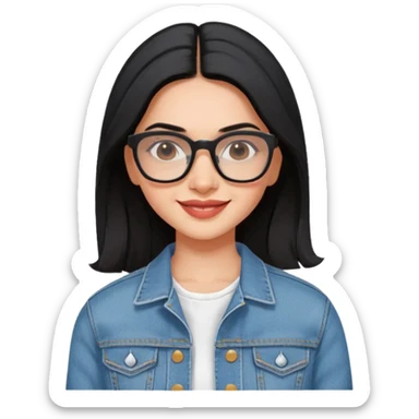 generate a pretty bratz emoji 
Make her wear a white dress with a denim jacket over it. black hair side part 

She should look exactly  like Deepika padukone. wearing rectangular spectacle, smiling sticker