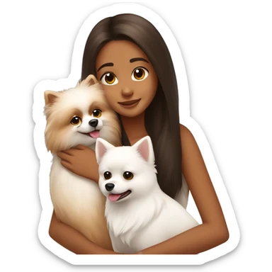 girl hugging white Pomeranian and brown Pomeranian  sticker