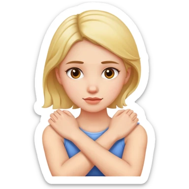 girl with arms crossed holding her neck sticker