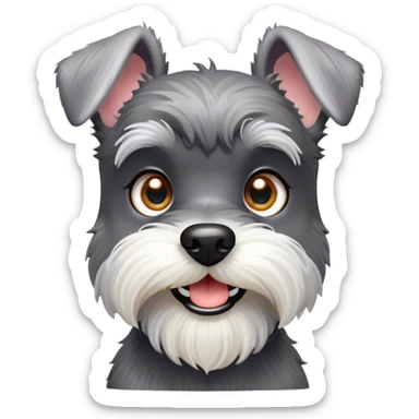 Cinematic Cute Miniature Schnauzer Portrait Emoji, Head cheerfully cocked with expressive, twinkling eyes and a neatly trimmed, adorable salt-and-pepper fur, simplified yet endearingly detailed, glowing with a bright, friendly radiance, high shine, exuding smart and spunky charm, styled with a delicate, whimsical outline, capturing the essence of a cute Miniature Schnauzer that appears ready to scamper off the screen with delightful energy! sticker