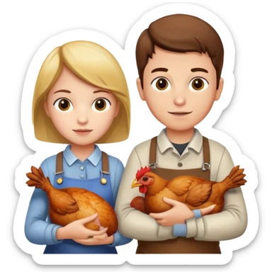 Boy and girl carrying a chicken meat sticker