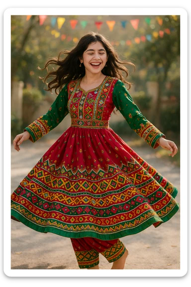 a dark brown haired girl with an Afghan dress, twirling, dress flowing, bright and festive, joyful mood sticker