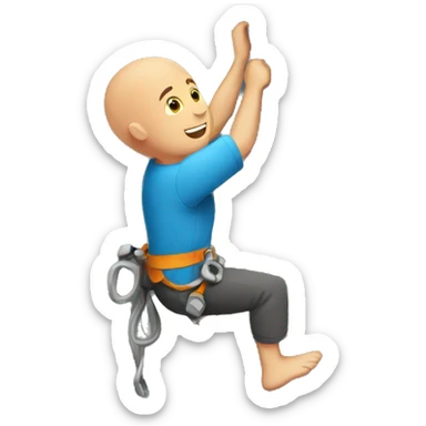 a bald guy rock climbing with rock sticker