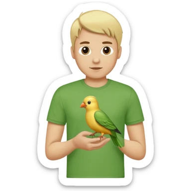 green tshirt blonde man with bird sticker