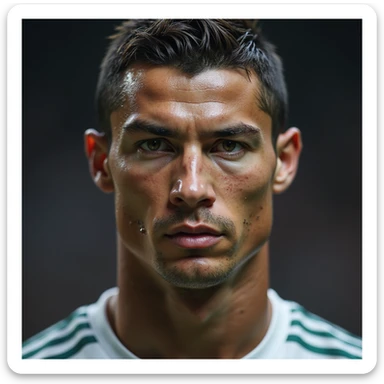 realistic portrait of a football player inspired by Cristiano Ronaldo, close-up, intense expression, photorealistic style sticker