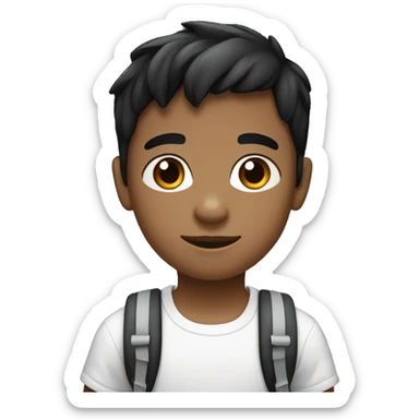 kindergarten brown boy with black hair and brown eyes with white t-shirt and blue backpack sticker