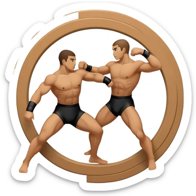 An icon symbolizing wrestling martial arts, featuring two stylized figures locked in a dynamic grappling pose. The background shows abstract elements representing strength and technique, with a circular design to represent unity and focus. Transparent background sticker