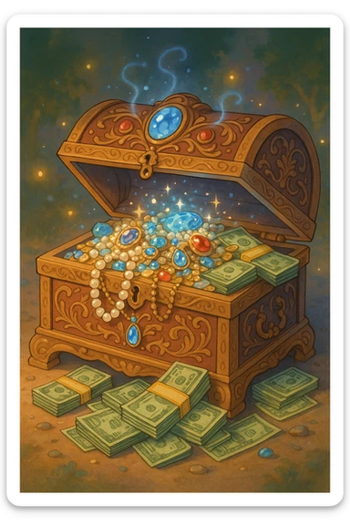 an ornate chest with sparkling jewels and cash, ghibli-inspired style sticker