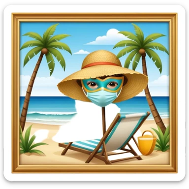 frameless Icon for Beach Tourism: a serene beach scene with palm trees, a sun hat, a mask with tube, and the ocean in the background. The icon should capture the relaxing atmosphere of a beach vacation. Transparent background. sticker