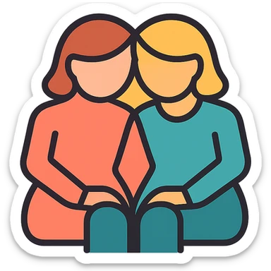 Add soft color accents to the icon of two women sitting together, heads touching, maintain minimal lines and transparent background. sticker