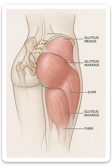 Anatomical view of the female gluteus with highlighted muscles and pelvic bones inspired by the reference photo. Render in a detailed medical style with a neutral background. sticker