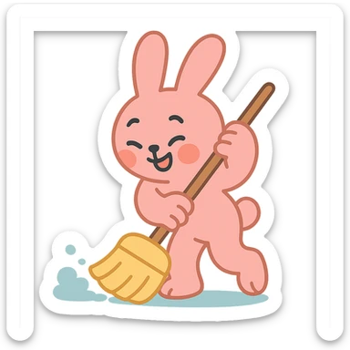 rosy bunny sweeping floor with broom, pastel-toon style sticker