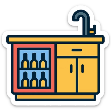 wet bar with wine fridge and sink, color outline icon style, minimal design sticker