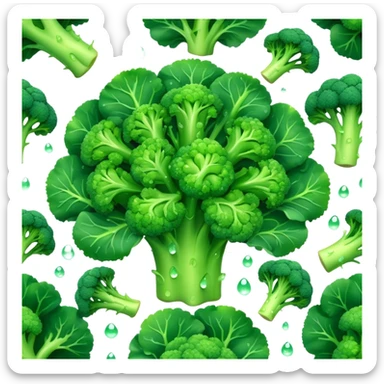 Cinematic lush green broccoli, detailed florets glistening with dewdrops, ultra-fresh and vibrant, soft glowing background, healthy and delicious. sticker