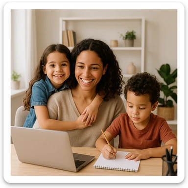 work from home mom with daughter and son, modern, friendly, relatable sticker