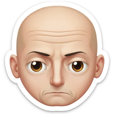 Steven Miller, bald, intense scowl, very narrow rectangular head, bottom lip sticking out, eyelids nearly shut and drooping on the outer sides sticker