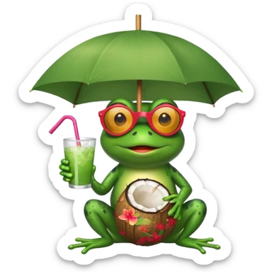 Frog with a coconut drink with a umbrella in it, in the frogs hand with sunglasses sticker