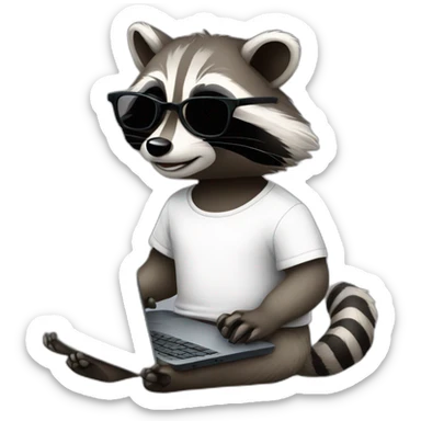 racoon wearing glasses and white tee working on a black laptop sticker