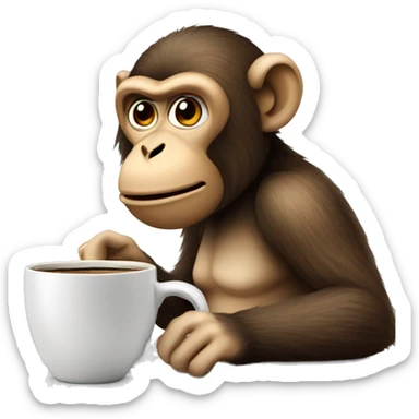 Monkey behind a computer working with coffee sticker