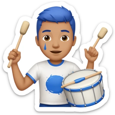A loud fan, simple tee shirt with paint on his cheeks with a marching drum, beating it with enthusiasm sticker