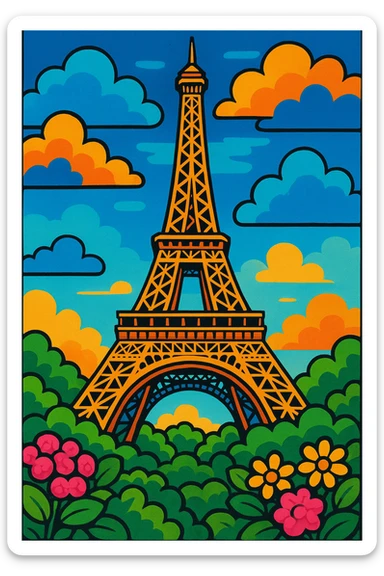 detailed and vibrant illustration of the Eiffel Tower with bushes that have pink and yellow flowers at its base sticker
