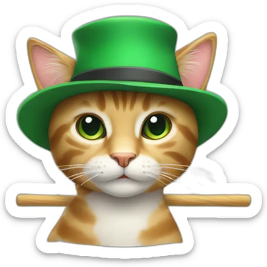 A cat with a green hat and a staff sticker
