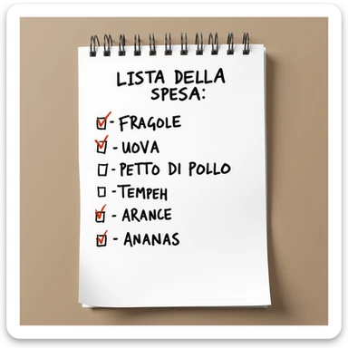 top view of a sheet of paper with handwritten shopping list in pen: 'LISTA DELLA SPESA: - FRAGOLE - UOVA - PETTO DI POLLO - Tempeh - ARANCE - ANANAS', with check marks on purchased items, hyperrealistic 4K, no background sticker