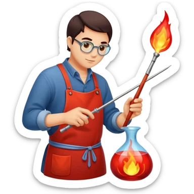 Glassblowing and casting icon, artisan shaping molten glass with a blowpipe, glass being poured into a mold, glowing red-hot glass, delicate patterns, minimalistic style, clean lines, transparent background. sticker