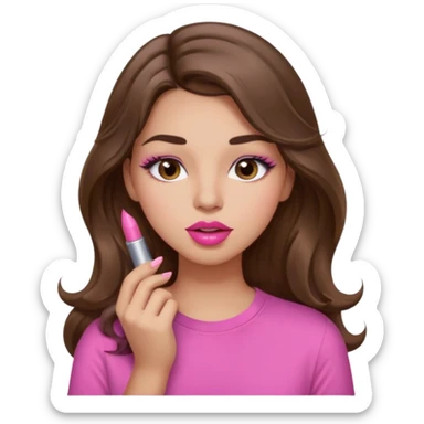 girl with long wavy brown hair, brown eyes, light to medium complexion, in a pink shirt, pink lips, long lashes, puckered lips, putting on lipstick sticker