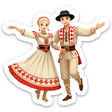 Cinematic Realistic scene of two performers engaging in the Croatian Linđo folk dance, adorned in vibrant traditional costumes with intricate patterns and accessories, captured in graceful, synchronized motion under festive natural lighting. sticker