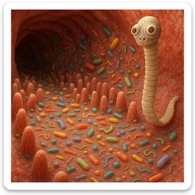 a medical illustration of a human realistic gut with bacteria and parasyte (tenia) realistic 4k real   sticker