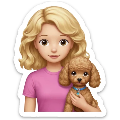hazme un emoji que sea una niña rubi con el pelo ondulado i una camiseta rosa que ponga brownie, i acariciando a un perro (caniche toy) si pero con el pelo mas largo i no tan rubia sticker