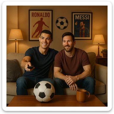 Ronaldo and Messi watching television together in a comfortable setting with football-themed details sticker