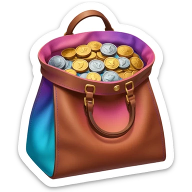 coins  inside a brown leather bag Coins color -in gradient of turquoise, blue, pink, purple, and coral sticker