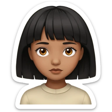 Girl that has a short black hime cut with curtain bangs, then dark brown eyes, and has a bit brown skin sticker