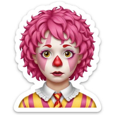 Pink curly wig.

White face paint with red nose and makeup.

Wearing a red-and-yellow striped costume with a white collar.

Wide-eyed, sad expression. sticker
