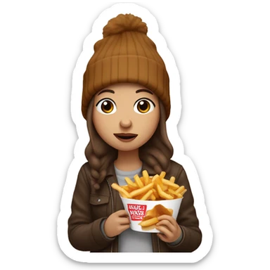 Girl with brown hair and a beanie on eating a poutine sticker
