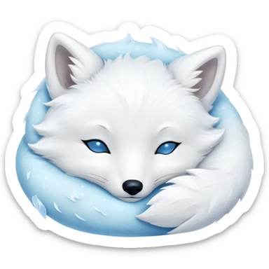Meme-Worthy Cute Sleeping Arctic Fox Portrait Emoji, Head resting peacefully with a contented smile, showcasing a compact, agile build and a luxuriously soft white Fur with delicate icy blue accents, eyes shut in a serene, restful nap, Simplified yet hilariously adorable features, highly detailed, glowing with a soft, drowsy light, high shine, relaxed and utterly lovable, stylized with an air of playful laziness, bright and heartwarming, soft glowing outline, capturing the essence of a comically sleepy arctic fox, so meme-worthy it feels like it could instantly become the next viral sensation of adorable slumber! sticker