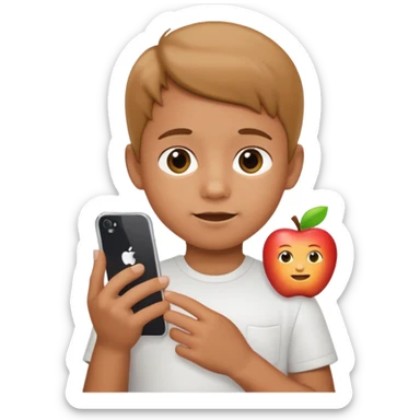little kid with phone wearing a white shirt, apple style emoji sticker