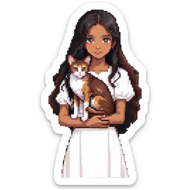 beautiful girl with long black hair wearing a white dress holding an Abyssinian cat with reddish-brown fur in her arms sticker