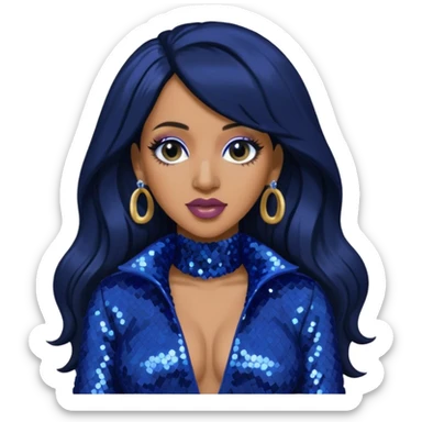 Cardi B with long jet black hair, indigo sequin outfit sticker