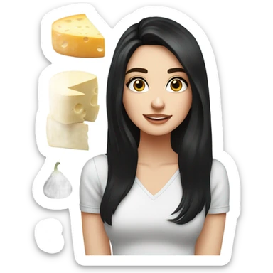 stunning blue eyed brunette girl with black hair surrounded by cheese sticker