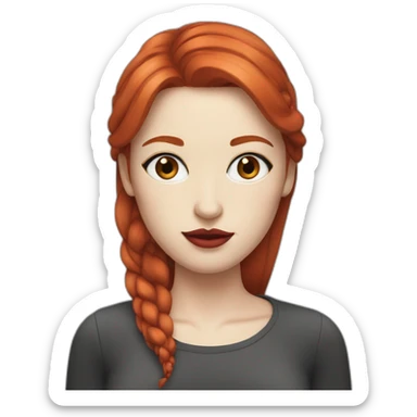 straight red hair,red lipstick,black eyes, white skin and a small nose sticker