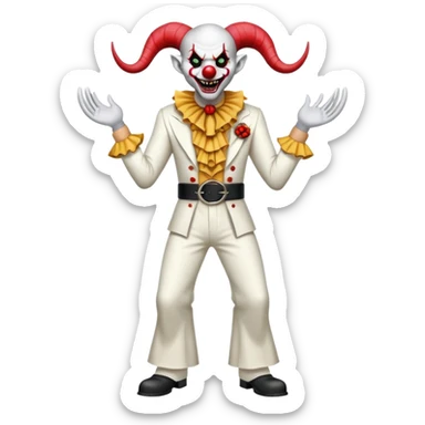 full-body demonic clown in a white leisure suit with bellbottom pants, bald, with black ram horns, flashy belt, ruffled shirt, no neck tie, large fangs in mouth sticker