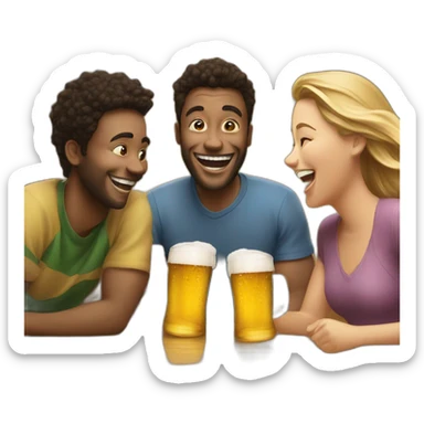 3 people laughing around a table with 2 beers on it sticker