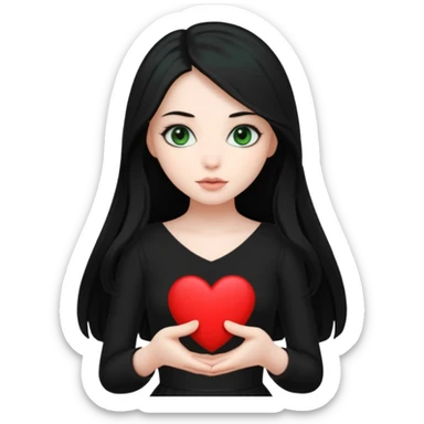 Pale girl with long black hair and dark green eyes wearing black dress and holding black heart sticker